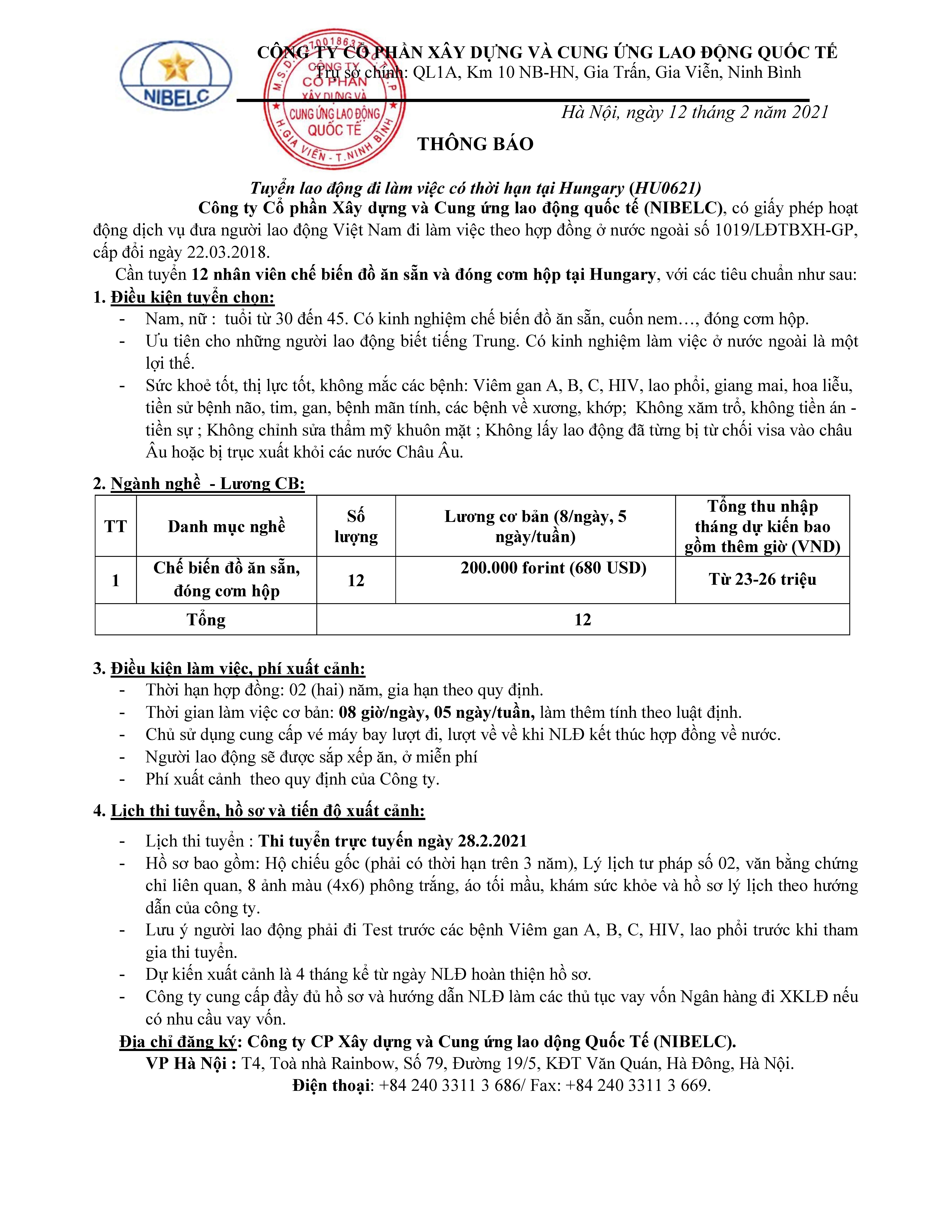 RECRUITMENT NOTICE FOR OVERSEAS LABOUR IN EUROPE - HUNGARY: [FOOD PROCESSING & BENTO BOX PACKAGING FACTORY WORKERS] HU0621