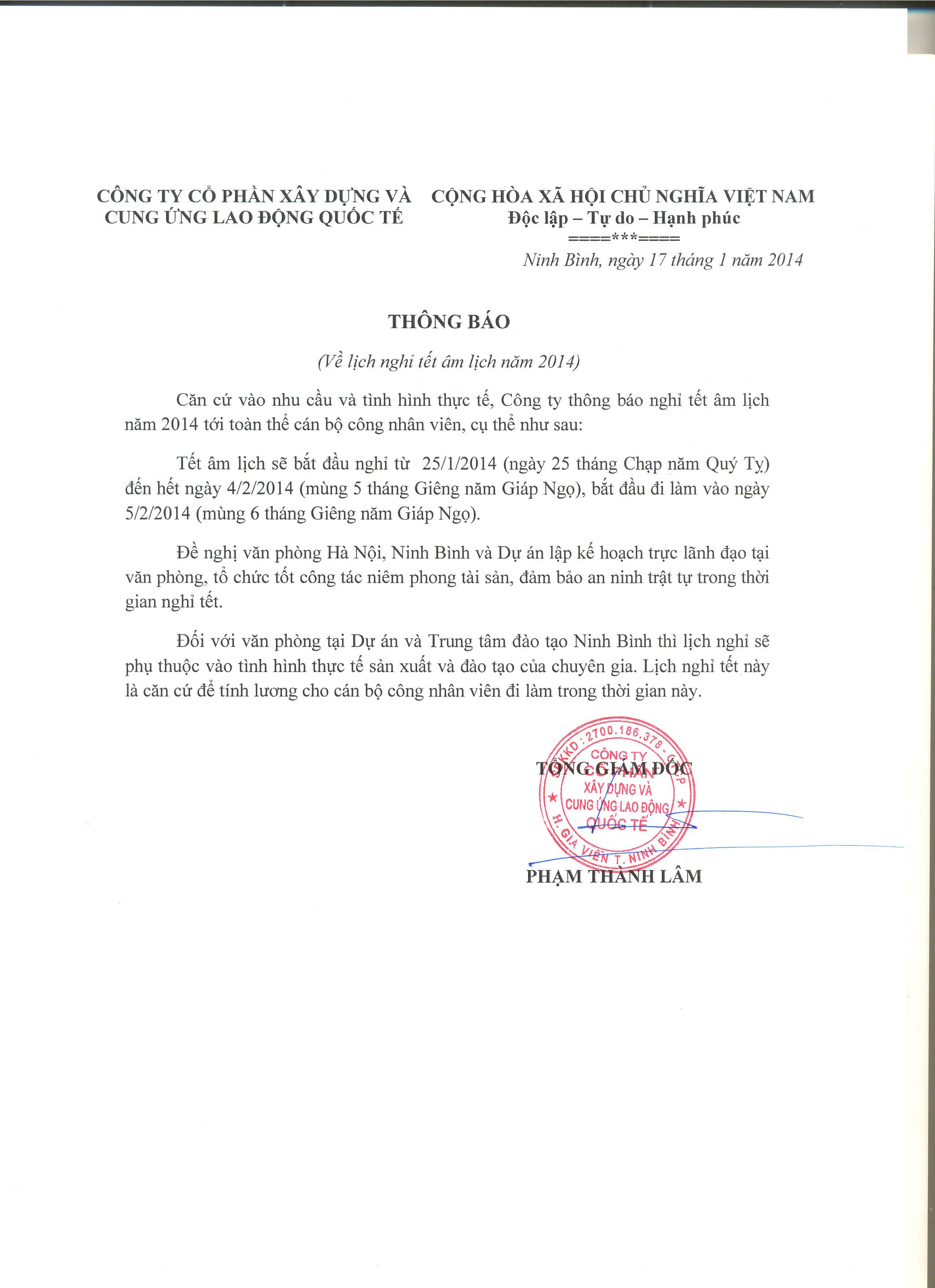 Thông báo lịch nghỉ tết 2014