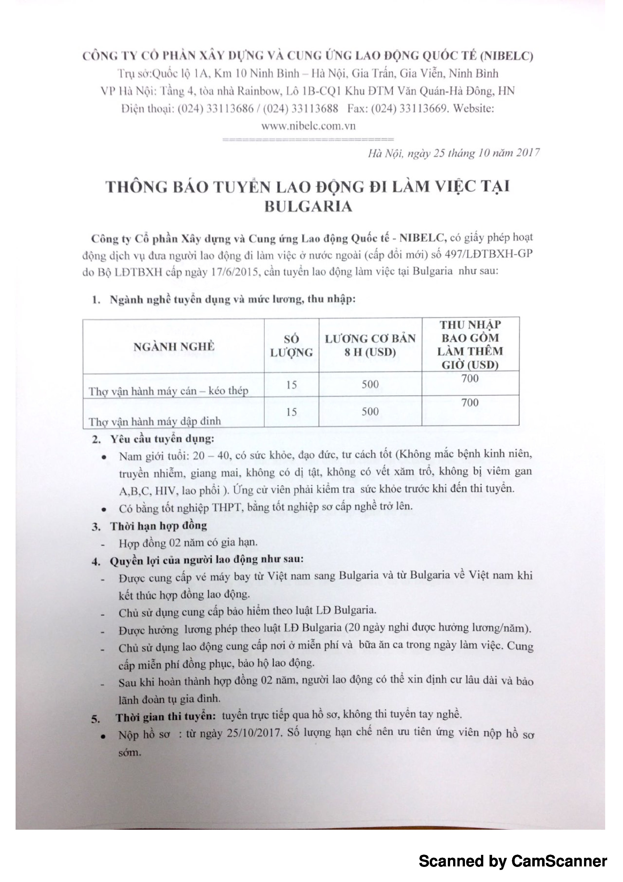 THÔNG BÁO TUYỂN LAO ĐỘNG ĐI LÀM VIỆC TẠI BULGARIA