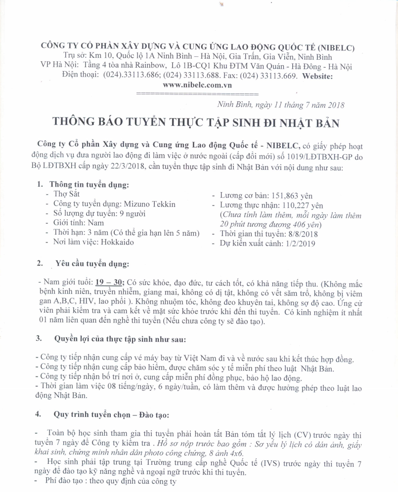 Thông báo tuyển thực tập sinh (Thợ Sắt) đi Nhật Bản tháng 7 - 2018