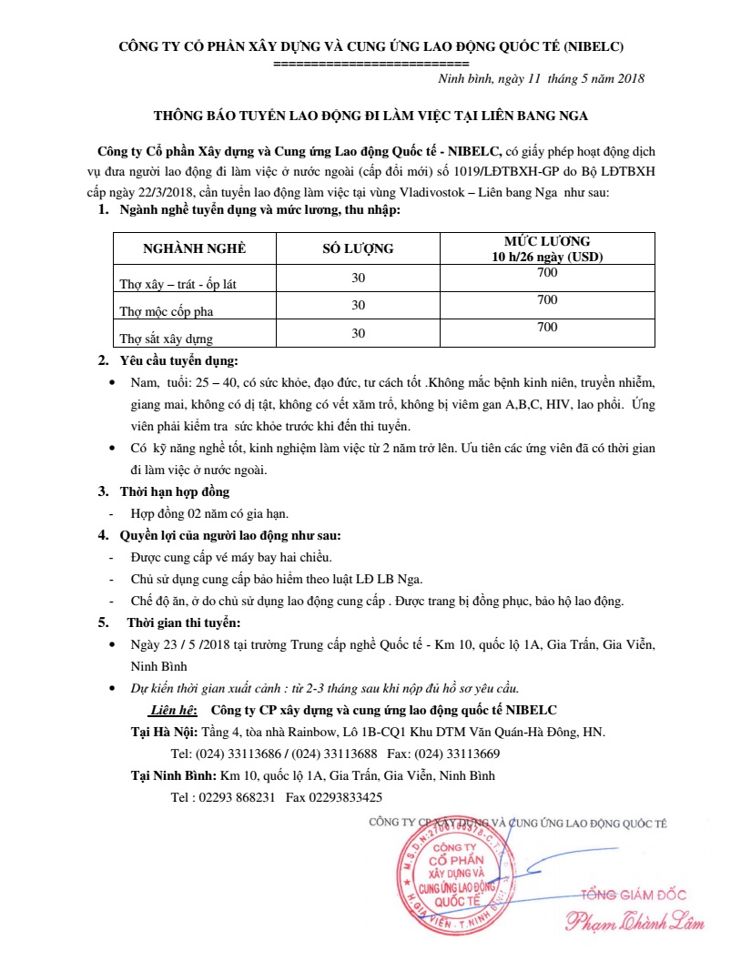 Thông báo tuyển thợ xây dựng đi làm tại LB - Nga
