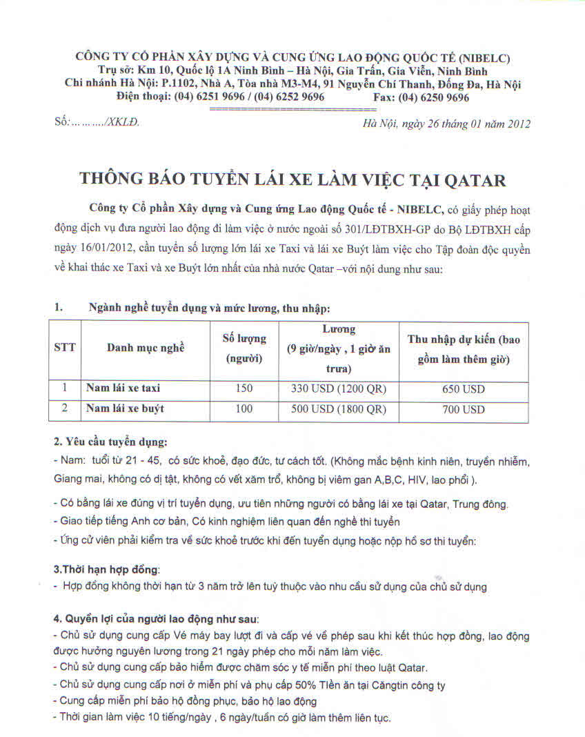 Thông báo tuyển lái xe làm việc tại Qatar