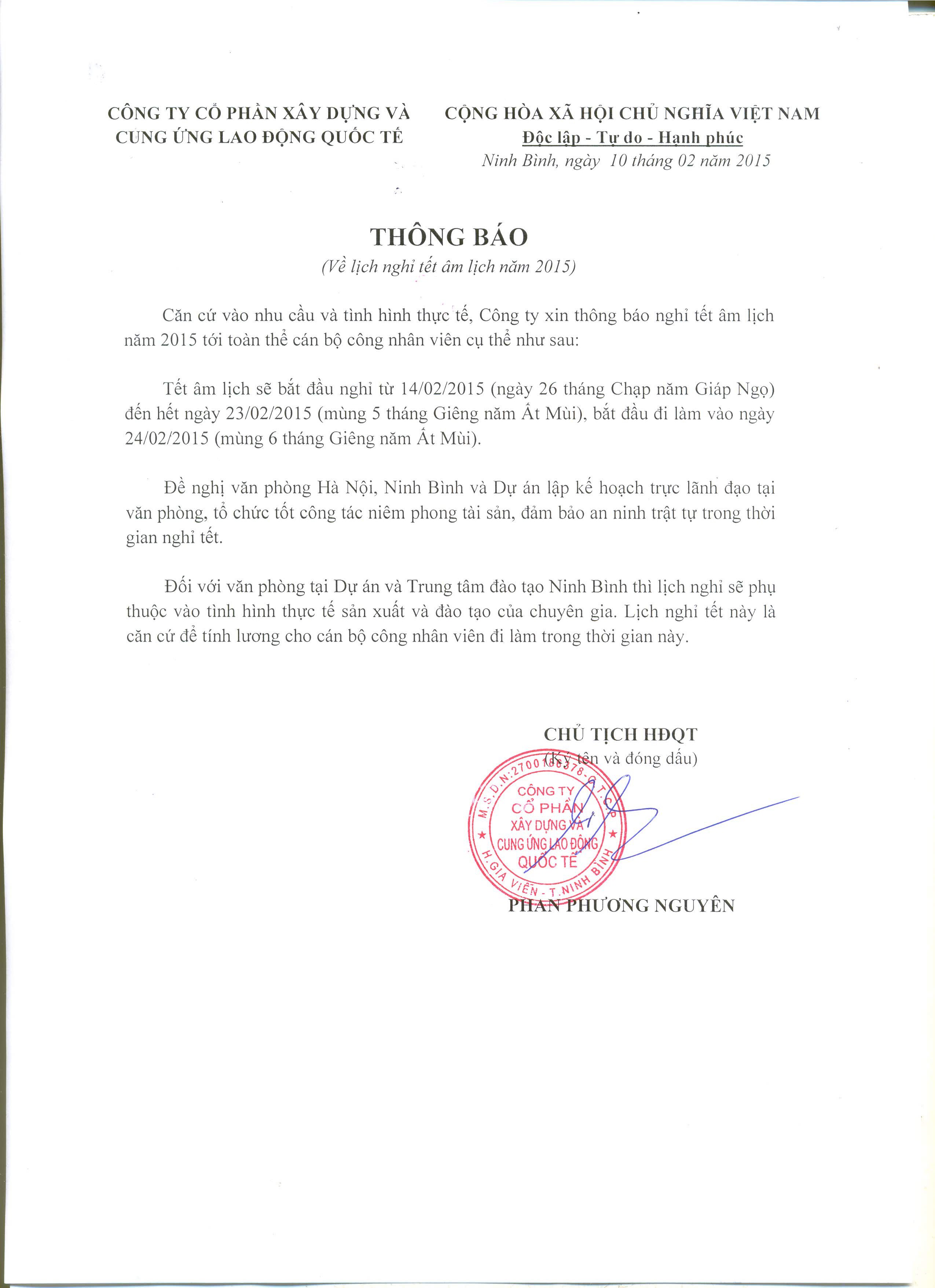 Thông báo lịch nghỉ tết 2015