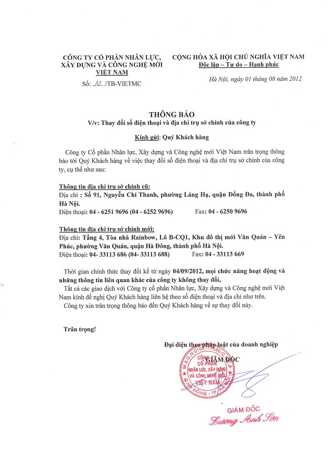 Thay đổi công ty CP Nhân lực, Xây dựng và Công nghệ mới Việt Nam