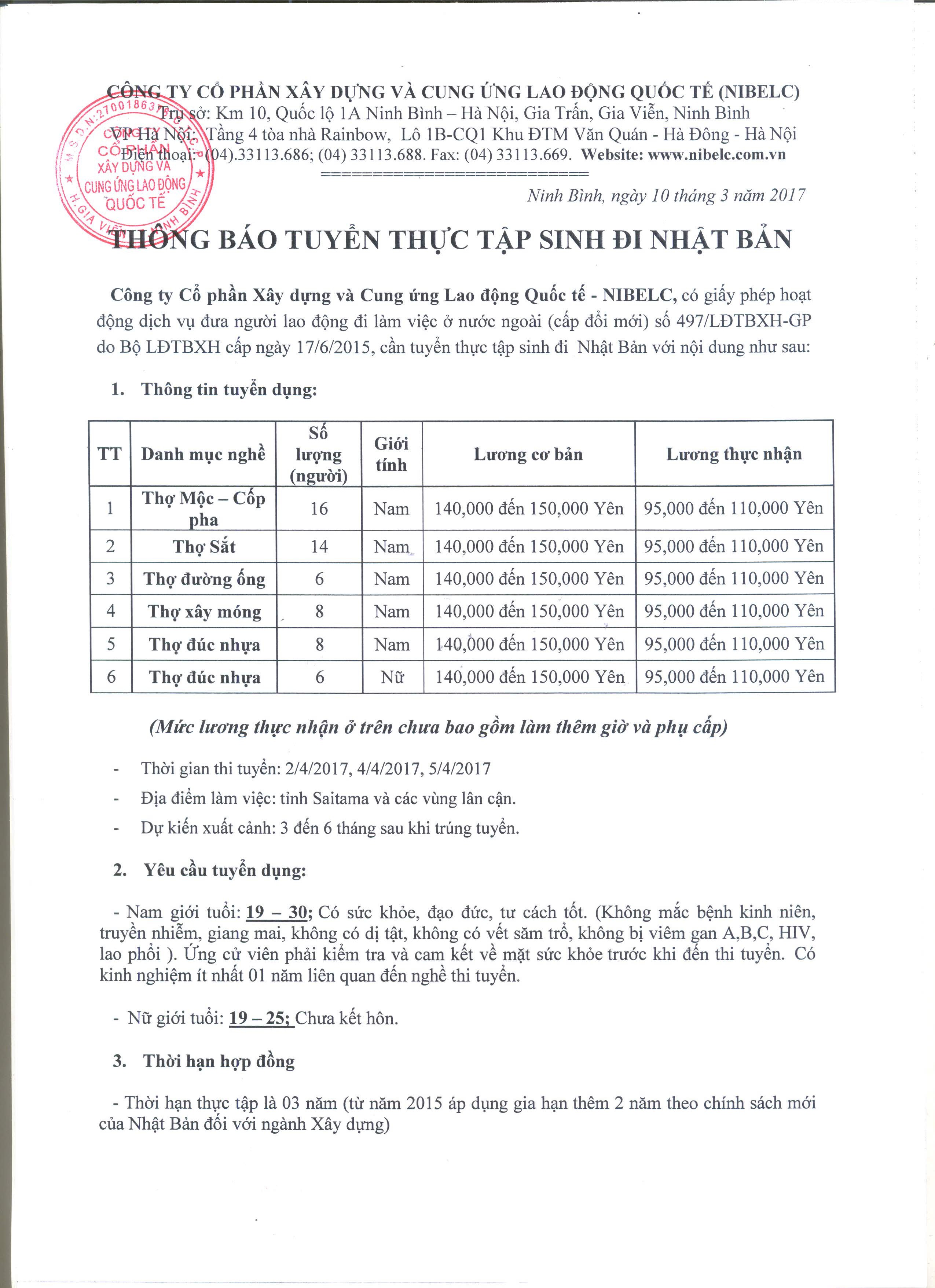 THÔNG BÁO TUYỂN TTS ĐI NHẬT - Thi tuyển tháng 4