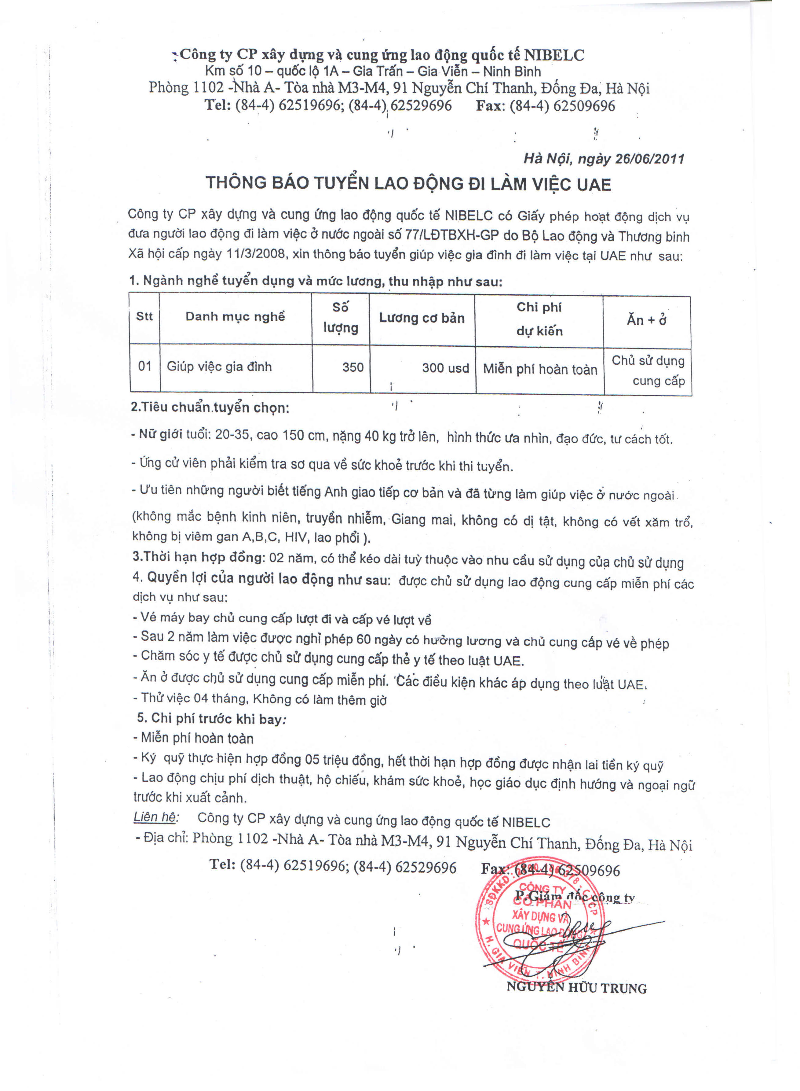 Thông báo tuyển lao động đi làm việc UAE